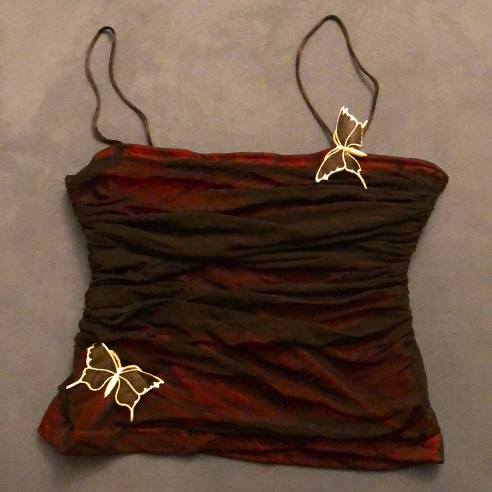Question & Answer (Q & A) small butterfly satin spaghetti strap tank top.